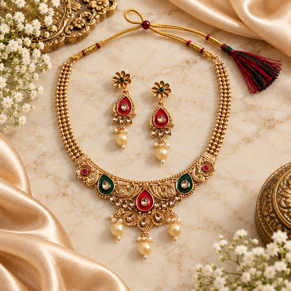 Traditional Gold-Tone Beaded Necklace Set with Red & Green Meenakari-Style Detailing, Kundan-Style Stones & Pearl Drops
