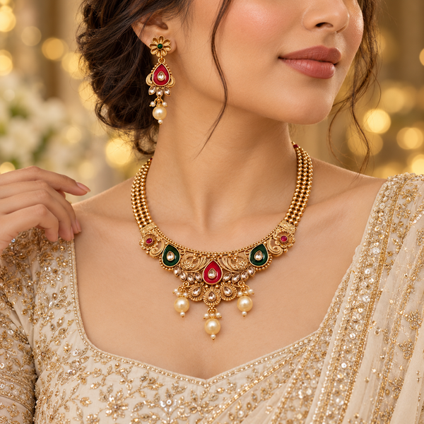 Traditional Gold-Tone Beaded Necklace Set with Red & Green Meenakari-Style Detailing, Kundan-Style Stones & Pearl Drops