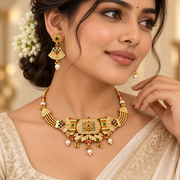 Traditional Gold-Tone Choker Necklace Set with Red & Green Stones & Pearl Drops