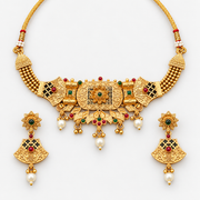 Traditional Gold-Tone Choker Necklace Set with Red & Green Stones & Pearl Drops