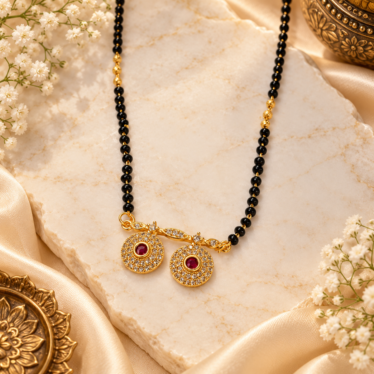 Gold-Tone Double Pendant Black Beaded Mangalsutra Necklace with Red Stones