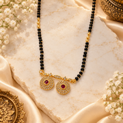 Gold-Tone Double Pendant Black Beaded Mangalsutra Necklace with Red Stones