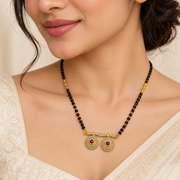 Gold-Tone Double Pendant Black Beaded Mangalsutra Necklace with Red Stones