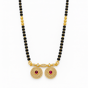 Gold-Tone Double Pendant Black Beaded Mangalsutra Necklace with Red Stones