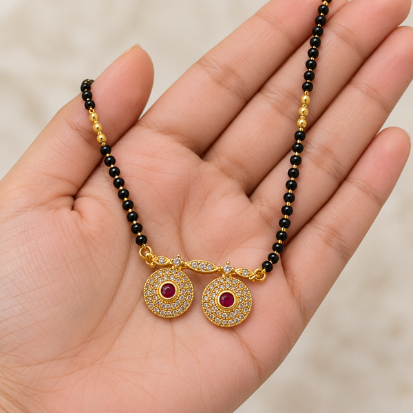 Gold-Tone Double Pendant Black Beaded Mangalsutra Necklace with Red Stones