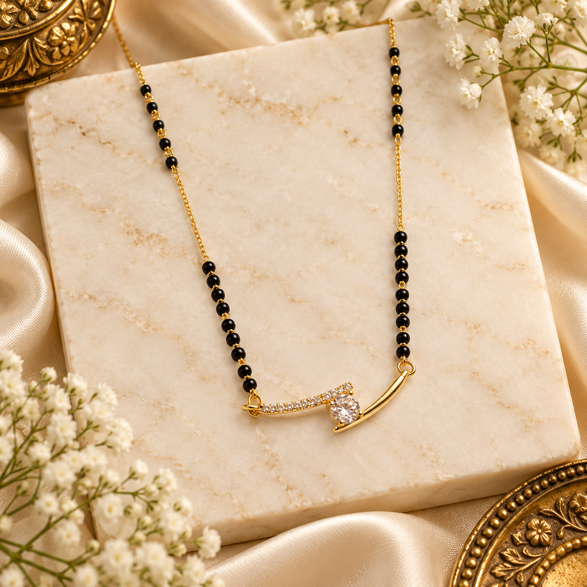 Gold-Tone Curved Pendant Black Beaded Mangalsutra Necklace with Clear Stone