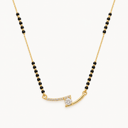 Gold-Tone Curved Pendant Black Beaded Mangalsutra Necklace with Clear Stone