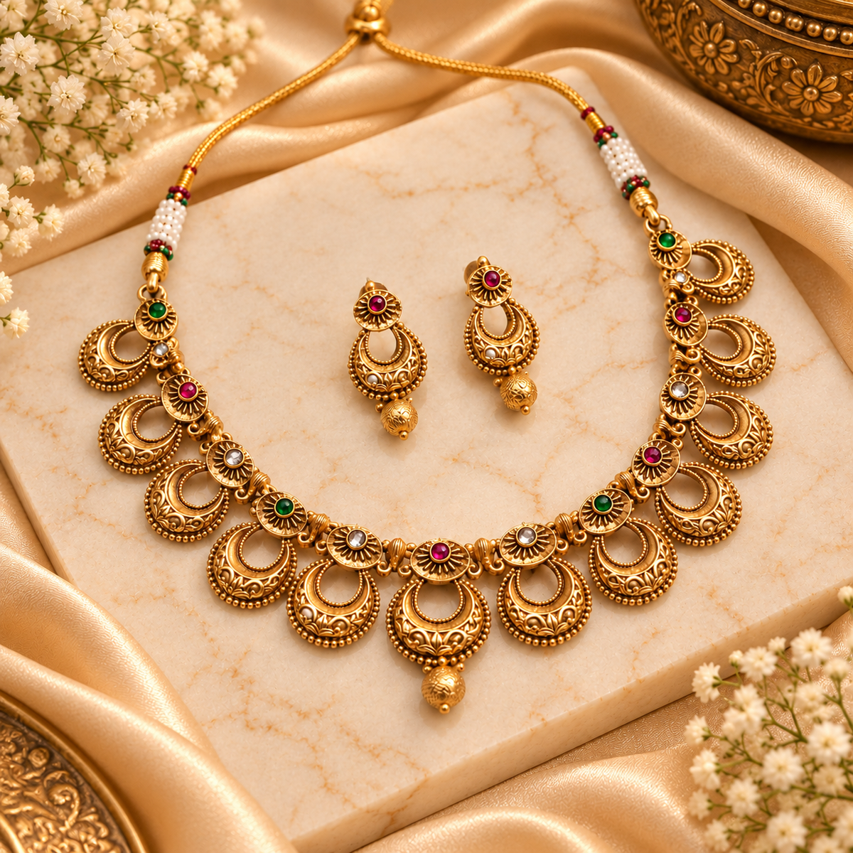 Traditional Gold-Tone Chandbali Necklace Set with Pink, Green & Clear Stone Accents