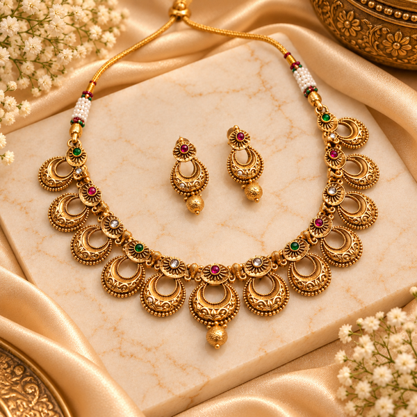 Traditional Gold-Tone Chandbali Necklace Set with Pink, Green & Clear Stone Accents