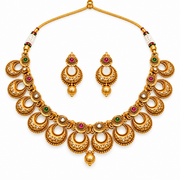 Traditional Gold-Tone Chandbali Necklace Set with Pink, Green & Clear Stone Accents