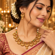 Traditional Gold-Tone Chandbali Necklace Set with Pink, Green & Clear Stone Accents