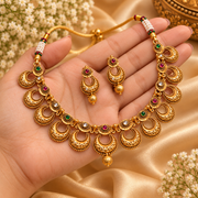 Traditional Gold-Tone Chandbali Necklace Set with Pink, Green & Clear Stone Accents