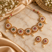 Traditional Gold-Tone Choker Necklace Set with Pink & Green Stones, Pearls & Matching Earrings