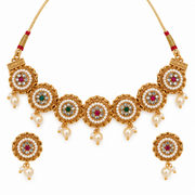 Traditional Gold-Tone Choker Necklace Set with Pink & Green Stones, Pearls & Matching Earrings