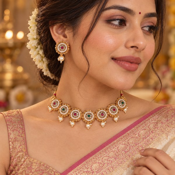 Traditional Gold-Tone Choker Necklace Set with Pink & Green Stones, Pearls & Matching Earrings
