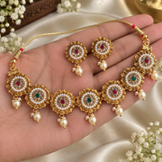 Traditional Gold-Tone Choker Necklace Set with Pink & Green Stones, Pearls & Matching Earrings