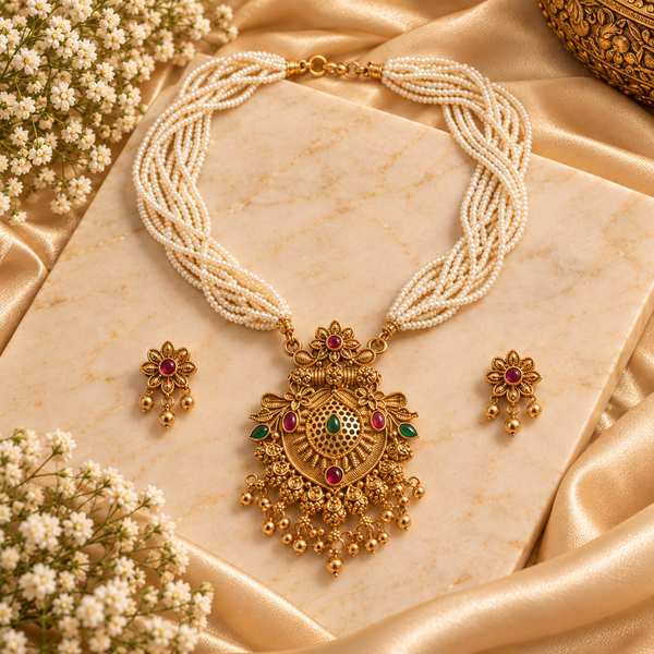 Multi-Strand Pearl Necklace Set with Traditional Gold-Tone Pendant & Matching Earrings