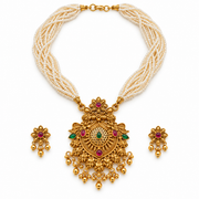 Multi-Strand Pearl Necklace Set with Traditional Gold-Tone Pendant & Matching Earrings