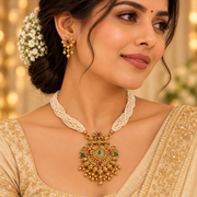 Multi-Strand Pearl Necklace Set with Traditional Gold-Tone Pendant & Matching Earrings