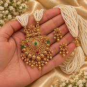 Multi-Strand Pearl Necklace Set with Traditional Gold-Tone Pendant & Matching Earrings