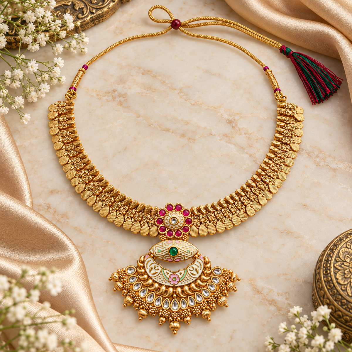 Traditional Gold-Tone Temple Necklace with Statement Pendant & Pink Green Stone Detailing