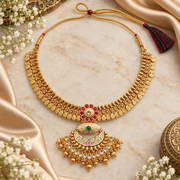 Traditional Gold-Tone Temple Necklace with Statement Pendant & Pink Green Stone Detailing