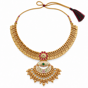 Traditional Gold-Tone Temple Necklace with Statement Pendant & Pink Green Stone Detailing