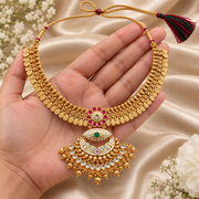Traditional Gold-Tone Temple Necklace with Statement Pendant & Pink Green Stone Detailing
