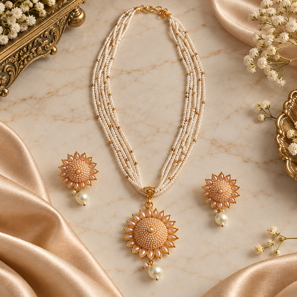 Multi-Strand Pearl Necklace Set with Floral Pendant & Matching Earrings
