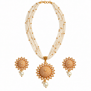 Multi-Strand Pearl Necklace Set with Floral Pendant & Matching Earrings