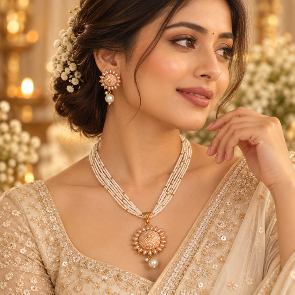 Multi-Strand Pearl Necklace Set with Floral Pendant & Matching Earrings