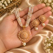 Multi-Strand Pearl Necklace Set with Floral Pendant & Matching Earrings