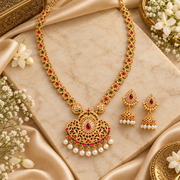 Traditional Gold-Tone Necklace Set with Pink & Green Stones, Pearl Drops & Jhumka Earrings