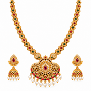 Traditional Gold-Tone Necklace Set with Pink & Green Stones, Pearl Drops & Jhumka Earrings