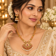 Traditional Gold-Tone Necklace Set with Pink & Green Stones, Pearl Drops & Jhumka Earrings