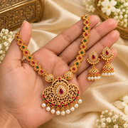 Traditional Gold-Tone Necklace Set with Pink & Green Stones, Pearl Drops & Jhumka Earrings
