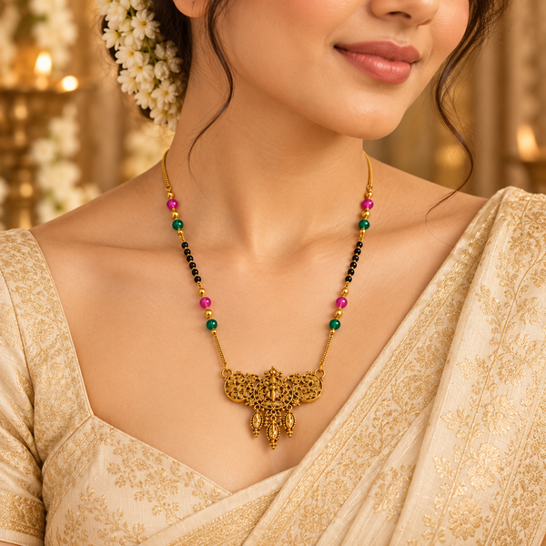 Traditional Gold-Tone Mangalsutra Necklace with Black Beads & Temple Pendant