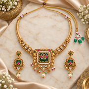 Traditional Gold-Tone Temple Necklace Set with Green & Pink Stones and Pearl Drops