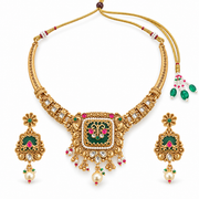 Traditional Gold-Tone Temple Necklace Set with Green & Pink Stones and Pearl Drops