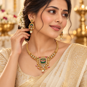 Traditional Gold-Tone Temple Necklace Set with Green & Pink Stones and Pearl Drops
