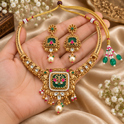 Traditional Gold-Tone Temple Necklace Set with Green & Pink Stones and Pearl Drops