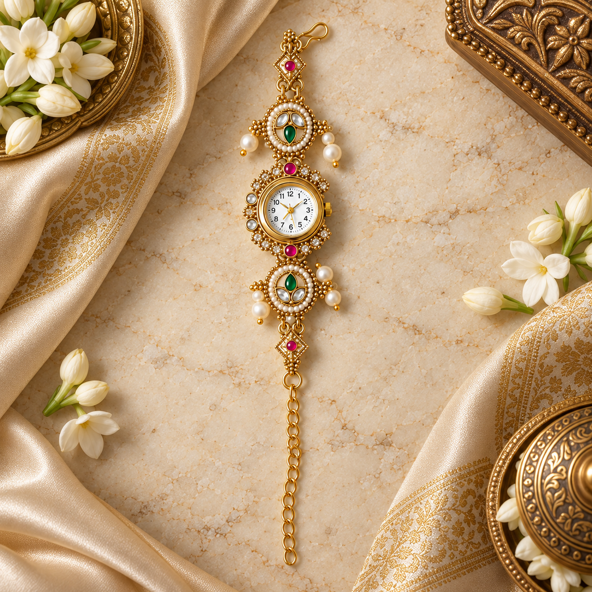 Traditional Gold-Tone Kundan-Inspired Bracelet Watch for Women with Pearl & Stone