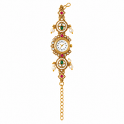 Traditional Gold-Tone Kundan-Inspired Bracelet Watch for Women with Pearl & Stone