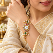 Traditional Gold-Tone Kundan-Inspired Bracelet Watch for Women with Pearl & Stone
