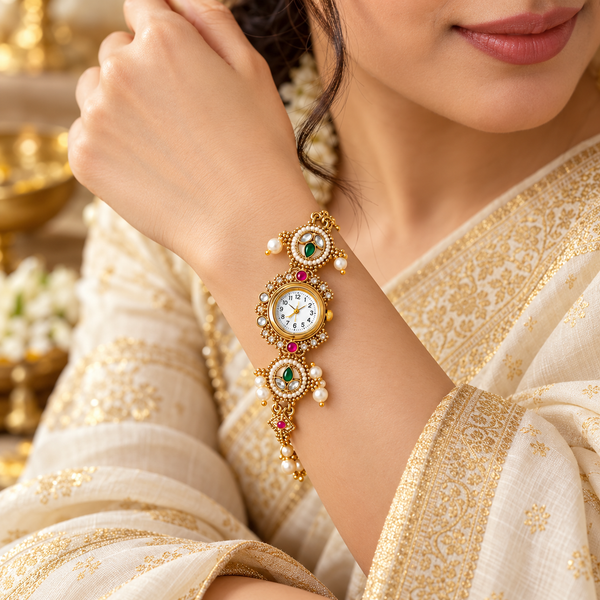 Traditional Gold-Tone Kundan-Inspired Bracelet Watch for Women with Pearl & Stone