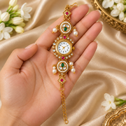 Traditional Gold-Tone Kundan-Inspired Bracelet Watch for Women with Pearl & Stone
