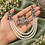 Oxidised Silver Pearl Layered Necklace Set with Pink & Green Stones and Matching Earrings for Women | Traditional Ethnic Jewellery