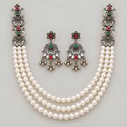 Oxidised Silver Pearl Layered Necklace Set with Pink & Green Stones and Matching Earrings for Women | Traditional Ethnic Jewellery