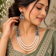 Oxidised Silver Pearl Layered Necklace Set with Pink & Green Stones and Matching Earrings for Women | Traditional Ethnic Jewellery
