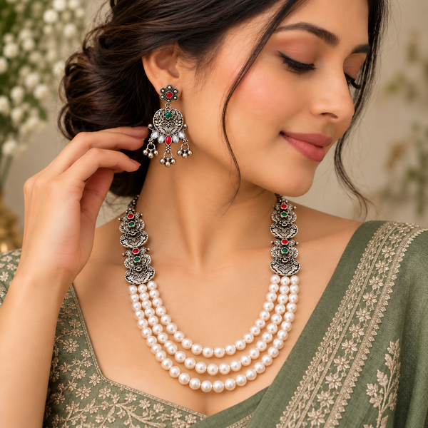 Oxidised Silver Pearl Layered Necklace Set with Pink & Green Stones and Matching Earrings for Women | Traditional Ethnic Jewellery